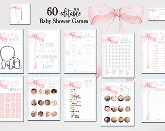 EDITABLE Blue and Pink Gingham Baby Shower Game Bundle, Gender Neutral Baby Shower Pink Bow 60 Game Pack Digital Template BB3