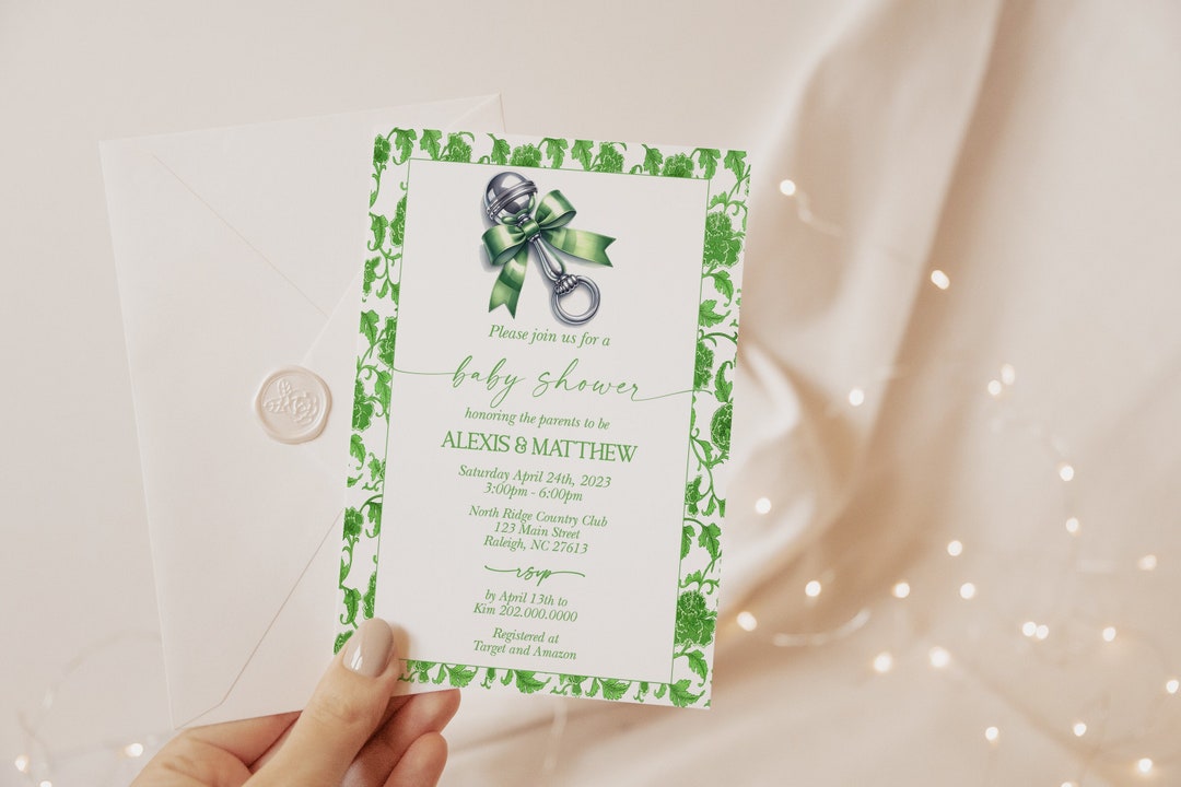 Silver Rattle Invitation EDITABLE Green Chinoiserie Baby Shower Invitation Grandmillenial Baby ...