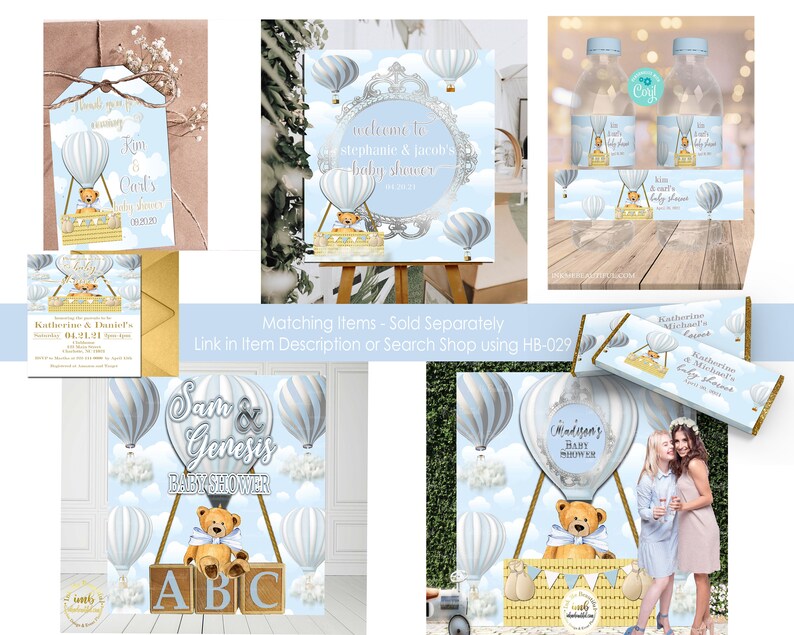 Candy Table Backdrop Light Blue and Silver Baby Shower Up up and away Teddy Bears Hotair Balloon HB-029 Hot Air Balloon Backdrop