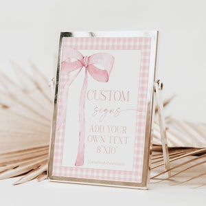 EDITIERBARE Rosa Gingham Zeichen Rosa Schleife Cutsom Zeichen 8x10 Rosa Aquarell Band Minimalistische Babyparty PB4