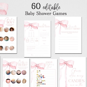 Bundle de jeux modifiables pour baby shower, baby shower minimaliste ruban aquarelle rose rose poudré 60 Pack de jeux modèle numérique PB1