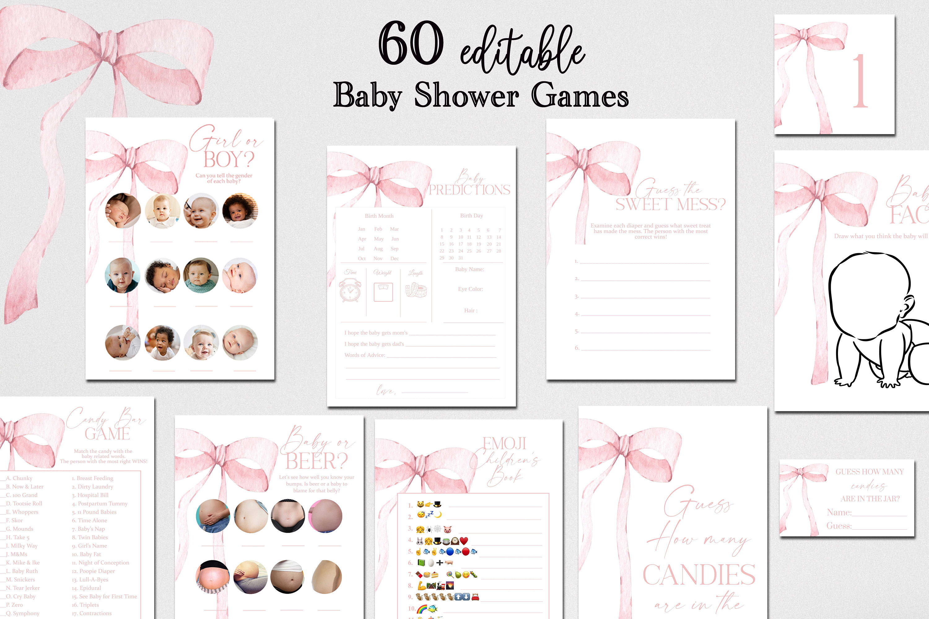 EDITABLE Pink Bow Games Baby Shower Games Bundle, Minimalist Baby Shower  Pink Watercolor Ribbon Blush Pink 60 Game Pack Digital Template PB1 - Etsy  UK