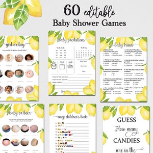 EDITABLE Lemon Baby Shower Games  Bundle Modern Baby Shower Game Pack Gender Nuetral Game Templates Minimalist Baby Shower Games