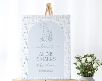 EDITABLE Classic Pooh Welcome Sign Blue Toile Pattern Welcome Sign Pooh Baby Shower Bear Signs Classic Winnie CW6