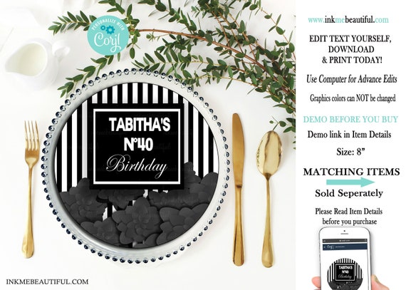 PRINTABLE Paris Theme Plate Charger, Flower, Black Stripe, Parisian Themed, Birthday, Striped Il_570xn