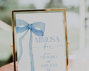 Digital File Blue Bow Mimosa Sign Blue Watercolor Ribbon Minimalist Baby Shower Sign Baby Sprinkle Minimal BB1