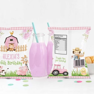 May include: Pink and white chip bags with a farm theme. The front of the bag features a pink barn, a cow, a pig, and a windmill. The back of the bag features a farmer, a tractor, and a chick. The text on the front of the bag reads "Alexia's 6th Birthday".