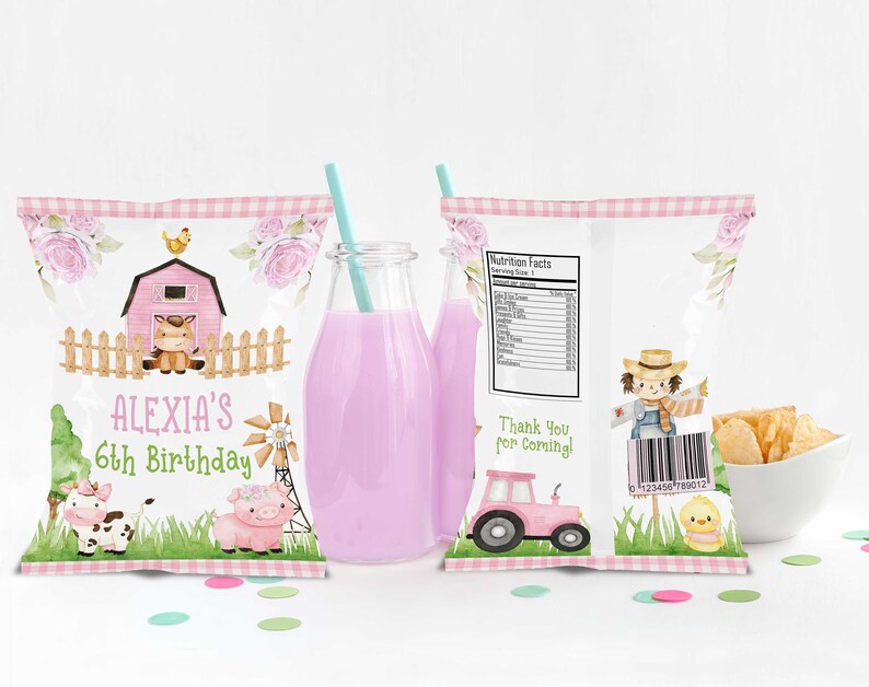 May include: Pink and white chip bags with a farm theme. The front of the bag features a pink barn, a cow, a pig, and a windmill. The back of the bag features a farmer, a tractor, and a chick. The text on the front of the bag reads "Alexia's 6th Birthday".