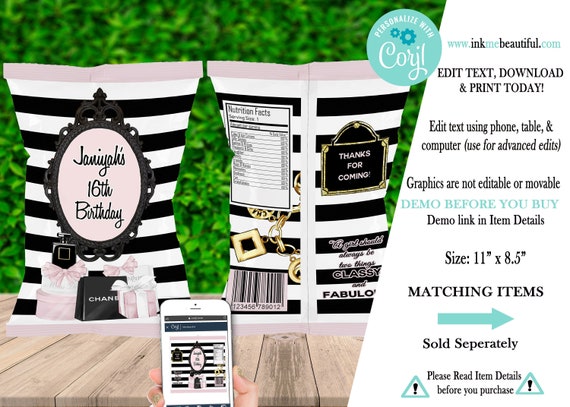 EDITABLE Paris Theme Chip Bag, Pink, Black Stripe, Parisian Themed, Baby Shower Striped Il_570xn