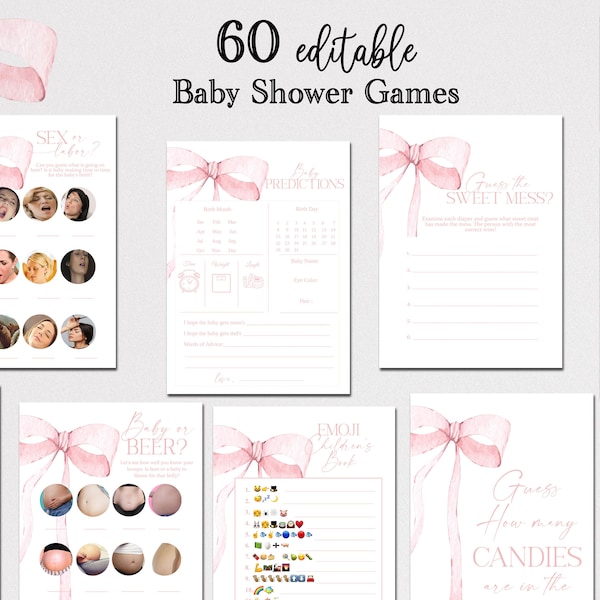 EDITABLE Pink Bow Games Baby Shower Games Bundle, Minimalist Baby Shower Pink Watercolor Ribbon Blush Pink 60 Game Pack Digital Template PB1