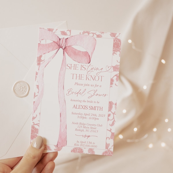 EDITABLE Pink Bow Bridal Shower Invitation, She's Tying the Knot Minimalist Bridal Shower Blush Pink Watercolor Ribbon Blush PB3