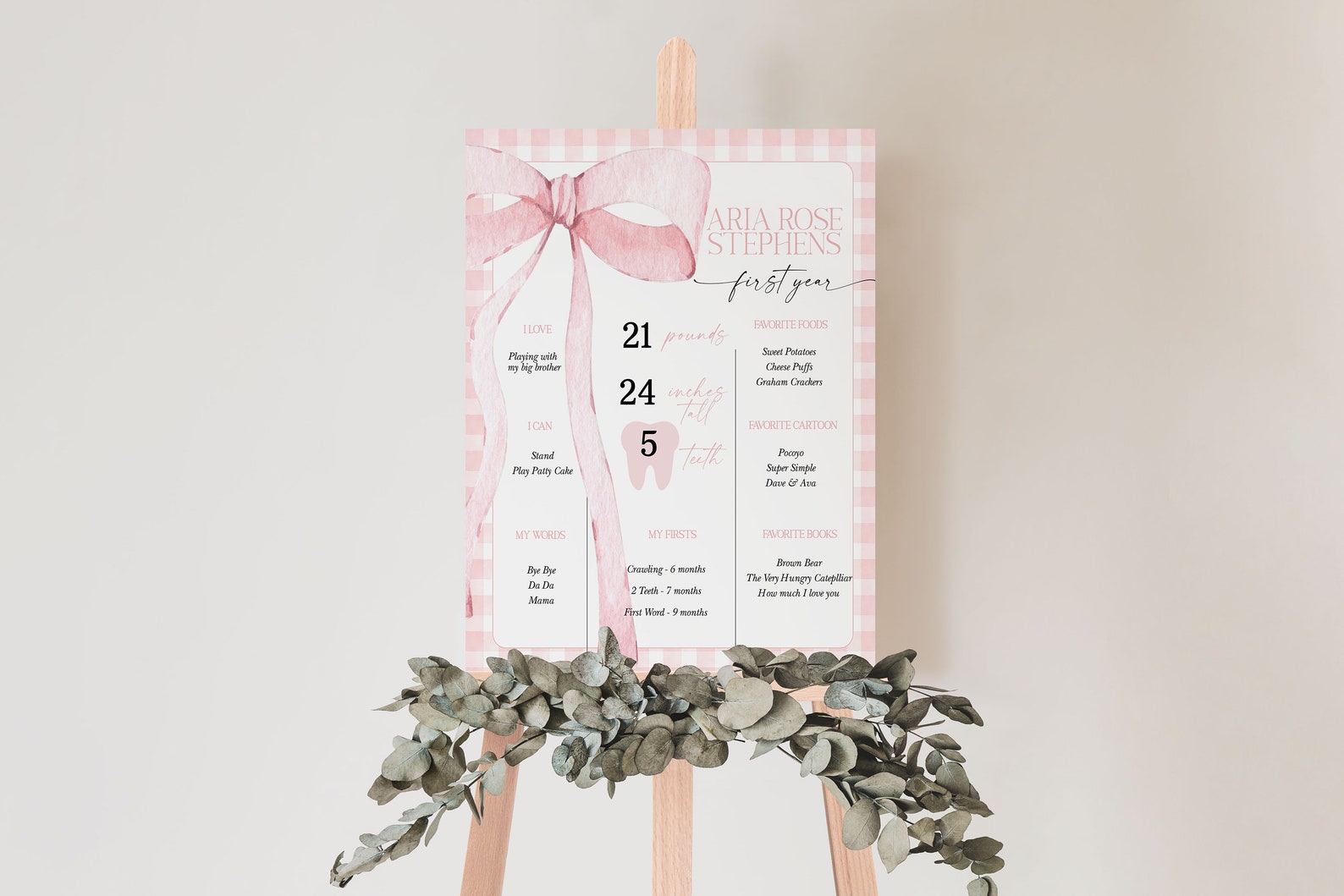 EDITABLE Pink Bow Milestone Sign, First Birthday Gingham Milestone ...