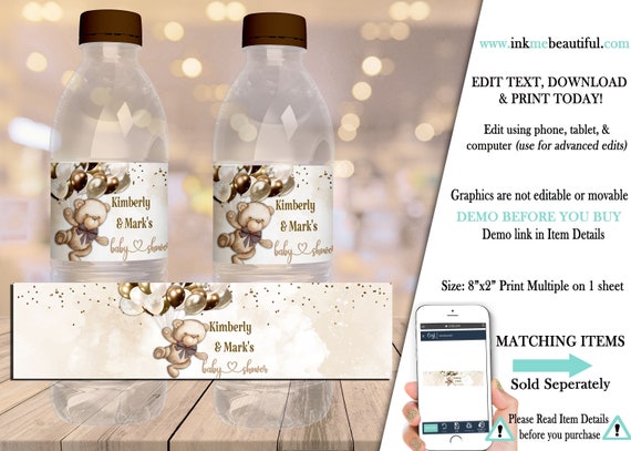 PRINTABLE Teddy Bear Baby Shower Water Bottle Label | Teddy Bear Theme | Nuetral Shades | Can Bearly Wait to Meet You | BB04 Il_570xn