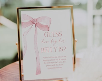Digital File Pink Bow Guess How Big Mommy's Belly Is Game Sign Pink Watercolor Ribbon Minimalist Baby Shower Signs for Baby Sprinkle PB1