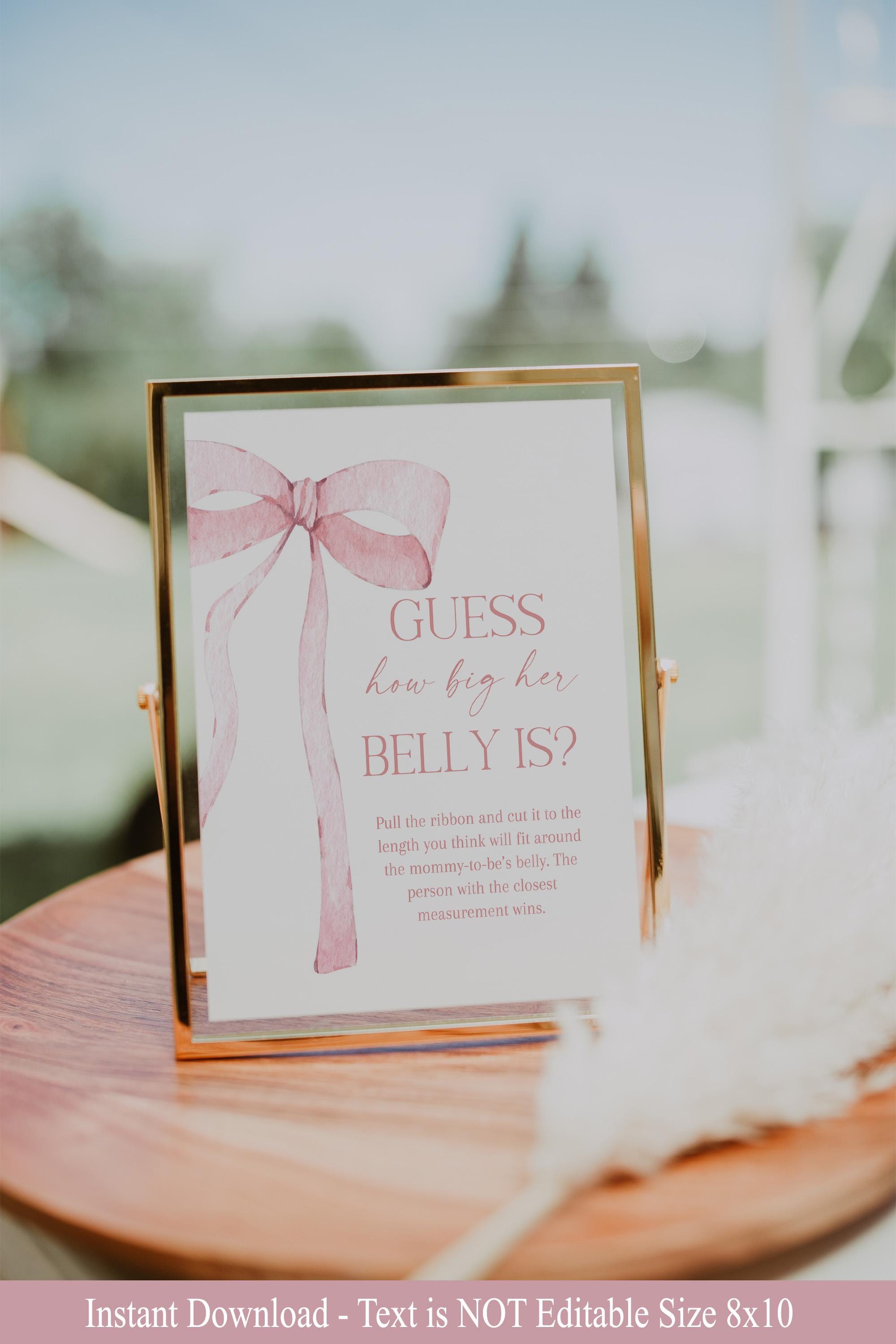Archivo digital Lazo rosa Adivina qué tan grande es la barriga de mamá Letrero con lazo de acuarela rosa Letreros minimalistas para baby shower para Baby Sprinkle PB1