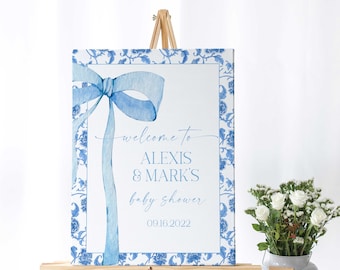 EDITABLE Dusty Blue Chinoiserie Welcome Sign Baby Shower, Minimalist Baby Shower Blue Watercolor Ribbon 1st Birthday Digital Template PB7