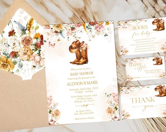 EDITABLE Cowgirl Baby Shower Invitation Bundle A Little Cowgirl is on the Way Wild Flower Baby Shower Pink Bow 1st Birthday Digital