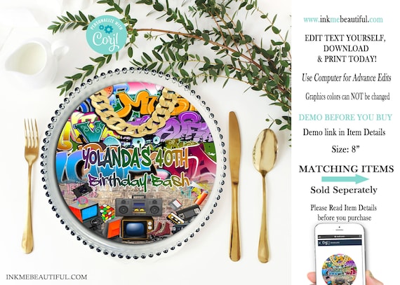 EDITABLE Hip Hop Charger Insert | Throwback Birthday Party | 90s baby| 80s baby|90s kid| Hip Hop | Corjl Digital Download Il_570xn