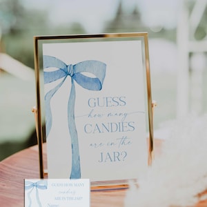 Digital File Blue Bow Guess How Many Game Sign Blue Watercolor Ribbon Minimalist Baby Shower Signs for Baby Sprinkle PB1