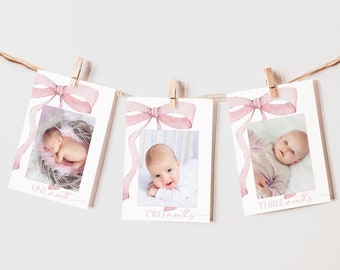 Pink Bow 12-month Photo Banner – First Birthday Milestone Garland...