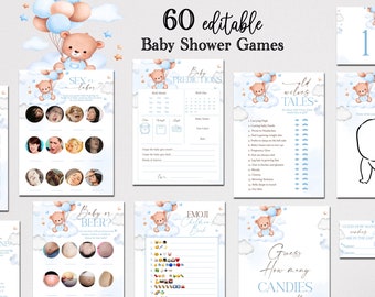 Lot de jeux de baby shower ours en peluche bleu MODIFIABLE aquarelle ballon de douche ours en peluche attente Bearly Pack de jeux de baby shower BB6