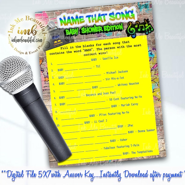 DIGITAL FILE  Name that Baby Song , 5x7, Hip Hop, Baby Shower Games, Throwback 80s 90s House Party, 80s baby, 90s baby, H001