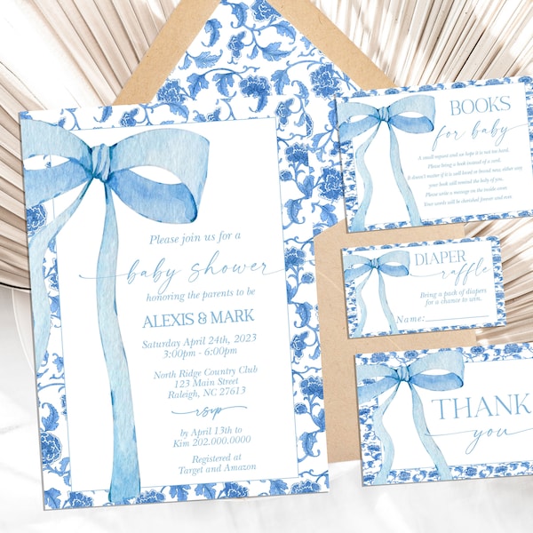 EDITABLE Blue Bow Invitation for Baby Shower Invite Bundle, Minimalist Baby Shower Blue Watercolor Ribbon Dusty Blue 1st Birthday PB7
