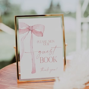 Digital File Pink Bow Guestbook Sign Pink Watercolor Ribbon Minimalist Baby Shower Sign Baby Sprinkle Minimal PB1