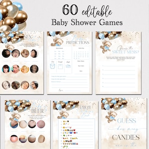 BEWERKBARE 60 teddybeer baby shower gamesbundel | Teddybeer Douche Bruine en Blauwe Ballon Bearly Wait Bear Baby Douche Spelletjespakket BB07