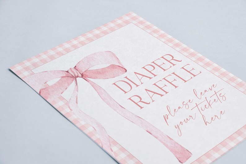 Pink Ribbon G Raffle DIGITAL File Pink Gingham Diaper Raffle Sign Pink Bow Watercolor Ribbon ...