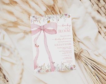 EDITABLE Baby in Bloom Invitation Pink Bow Baby Shower Wildflower Butterfly Shower Pink Watercolor Coquette Ribbon Pink Digital Template