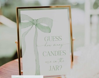 Digital File Green Bow Guess How Many Baby Sign Green Watercolor Ribbon Minimalist Baby Shower Sign Baby Sprinkle Minimal GG1