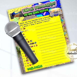 DIGITAL FILE  Emoji Pictionary Hip Hop Songs , 5x7, Hip Hop, Baby Shower Games, Throwback 80s 90s House Party, 80s baby, 90s baby, H001