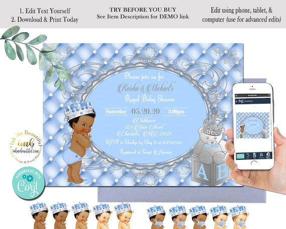 EDITABLE | Light Blue and Silver Baby Shower Invite | Invitation | A Prince is on the Way | Royal Blue Baby Shower Theme | LB91 Il_570xn