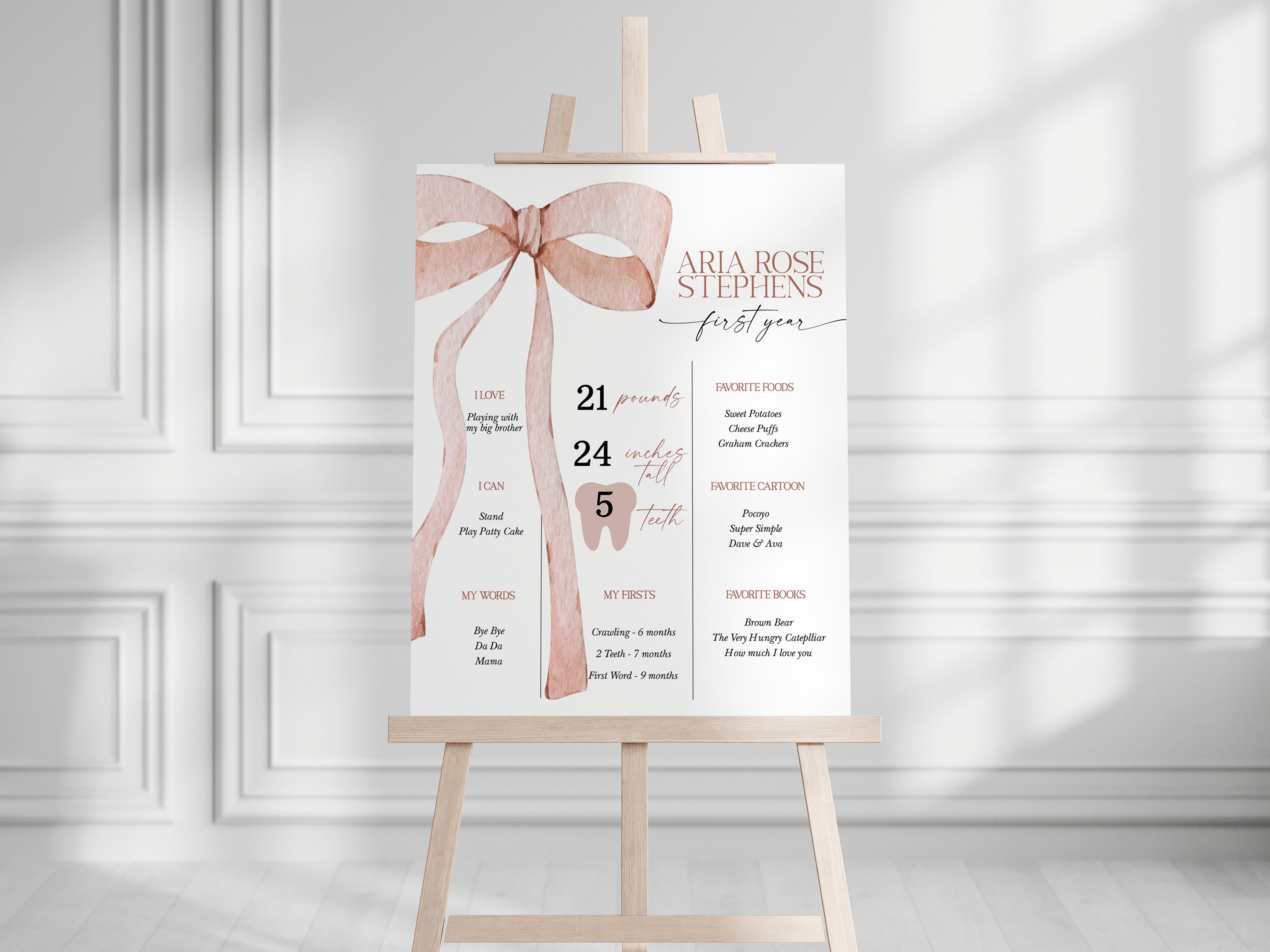 EDITABLE Tan Bow Milestone Sign, Minimalist Baby Shower Watercolor ...