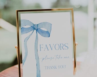 Blue Bow Baby Shower Favors Sign, Watercolor Ribbon (Digital File)