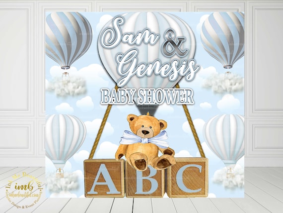 Candy Table Backdrop, Light Blue and Silver Baby Shower, Up up and away Teddy Bears, Hot Air Balloon Backdrop, Hotair Balloon HB-029 Il_570xn