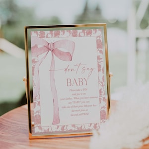 Cyfrowy plik Różowa kokarda Nie mów Baby Sign | Baby Shower Game Sign Różowa wstążka akwarelowa Różowa minimalistyczna impreza Baby Shower PB3