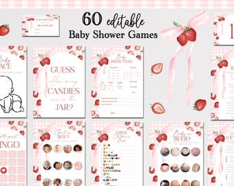 Strawberry Baby Shower Games Bundle, Pink Gingham (Digital Template)