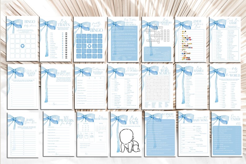 EDITABLE Blue Bow Baby Shower Games Bundle, Minimalist Baby Shower Blue ...