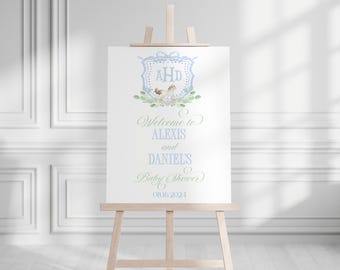 EDITABLE  Vintage Rocking Horse Welcome for Baby Shower, Minimalist Baby Boy Shower Blue 1st Birthday Toy Horse Digital Template