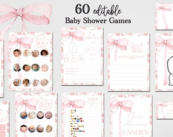 EDITABLE Pink Chinoiserie Games Baby Shower Games Bundle, Minimalist Baby Shower Pink Watercolor Ribbon Blush Pink 60 Game Pack Template PB3