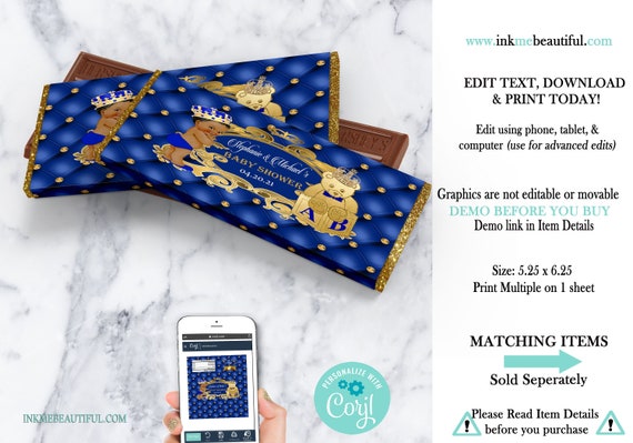 EDITABLE Royal Blue Candy Bar Label | Royal Baby Shower Décor | A Prince is On It's Way | Royal Baby Shower | Blue and Gold | RB004 Il_570xn