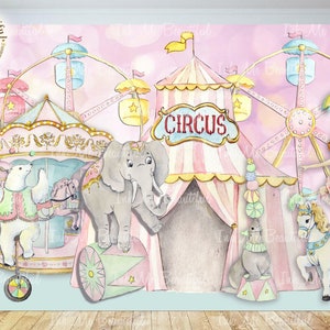 May include: A pink and white circus themed backdrop with a carousel, Ferris wheel, elephant, polar bear, seal, and a ballerina on a horse. The backdrop has the word "CIRCUS" in a banner.