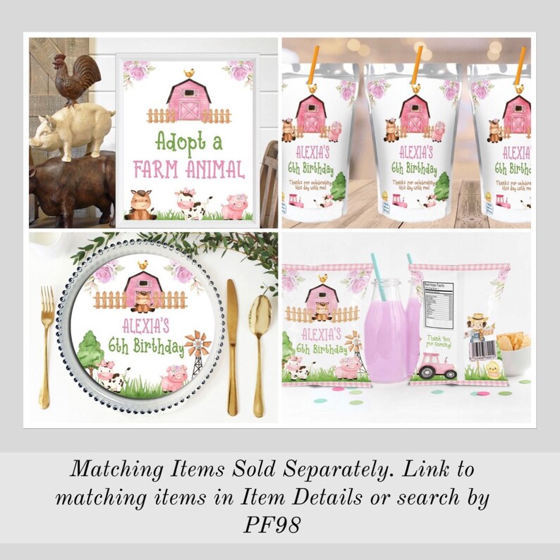 Puede incluir: Suministros para fiestas de tem&aacute;tica de animales de granja en rosa y verde con un granero rojo, una vaca, un cerdo y un pollo. Los suministros incluyen un plato, una caja de jugo, una bolsa de bocadillos y un letrero que dice "Adopta un animal de granja".