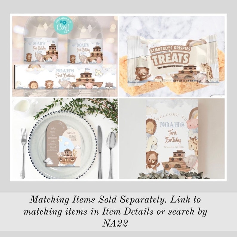 May include: A set of party decorations for a first birthday with a Noah's Ark theme. The decorations include a welcome sign, treat bags, and a place card. The decorations feature a brown wooden ark with animal illustrations in a watercolor style.