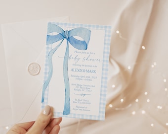 EDITABLE Blue Gingham Invitation for Baby Shower, Minimalist Baby Shower Blue Watercolor Bow Dusty Blue 1st Birthday Digital Template BB2