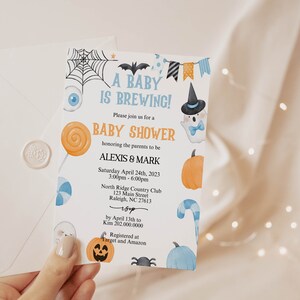 EDITABLE A Baby is Brewing Halloween Baby Shower Halloween Baby Bow Shower Invitation A Little Boo is Due Invitation Blue Orange BH11
