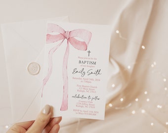 EDITABLE Pink Bow Baptism Invitation, Holy Communion Christening Invite Pink Watercolor Ribbon Blush Pink Baptism Digital Template PB1