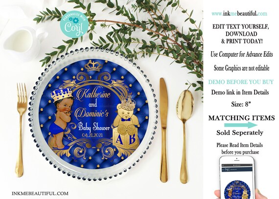 EDITABLE | Royal Blue Baby Shower Plate or Charger Insert | A Prince is on the way | Royal Blue and Gold Baby Shower Theme | RB004 Il_570xn